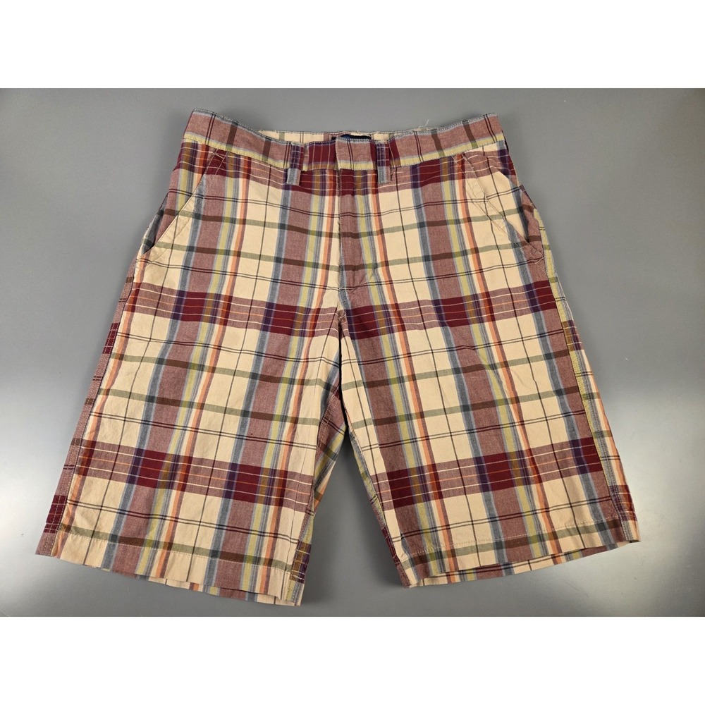 Aeropostale 100% Cotton Shorts Men's 32W x 11" Inseam Plaid Beige Burgundy Blue - Picture 1 of 6